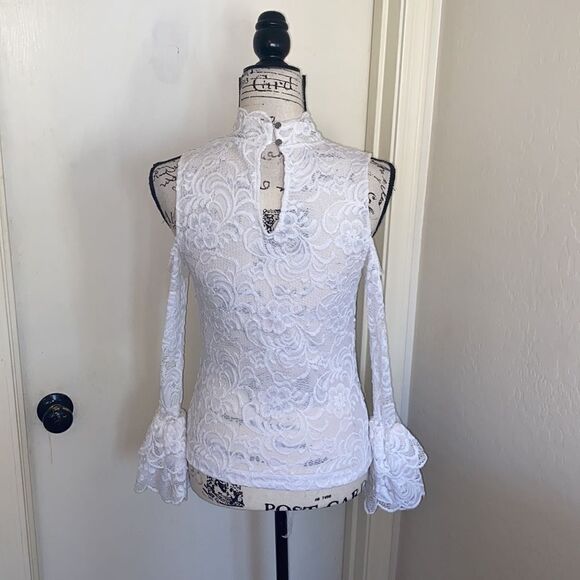 Bebe White Lace Cold Shoulder Top - Picture 3 of 9
